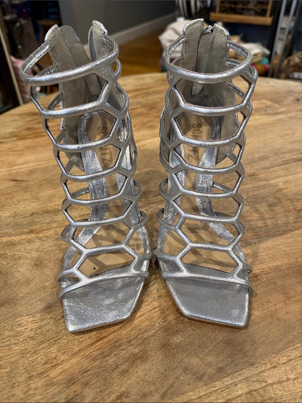 Schutz Silver Metallic Cage High-Heel Sandals